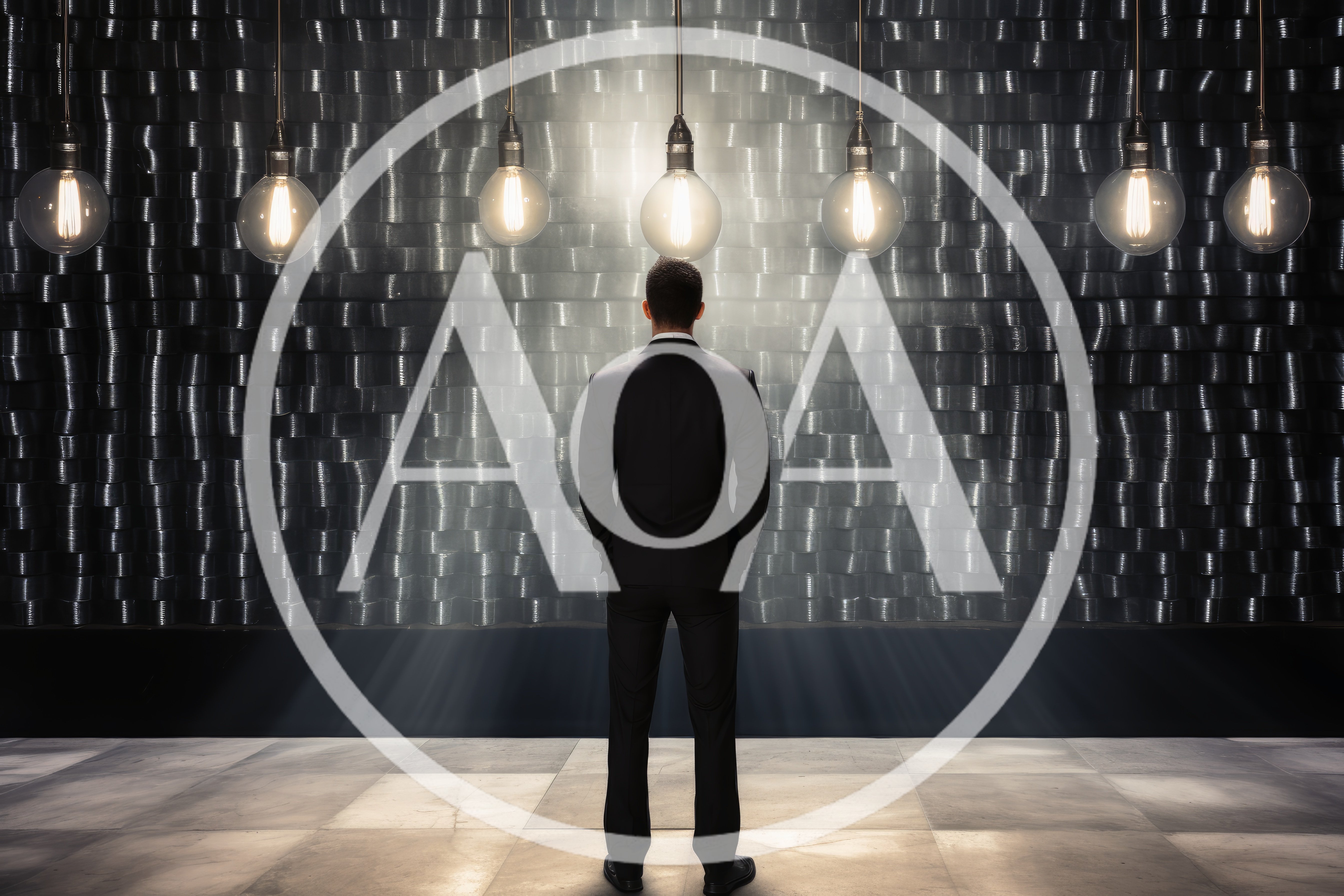 Businessman Standing Before A Wall Of Light Bulbs