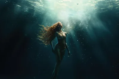 Ethereal Mermaid Swimming Underwater In Deep Ocean