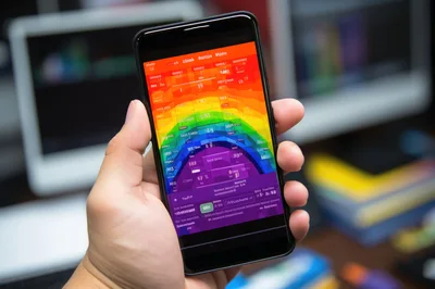 Hand Holding Smartphone With Colorful Abstract Data Interface