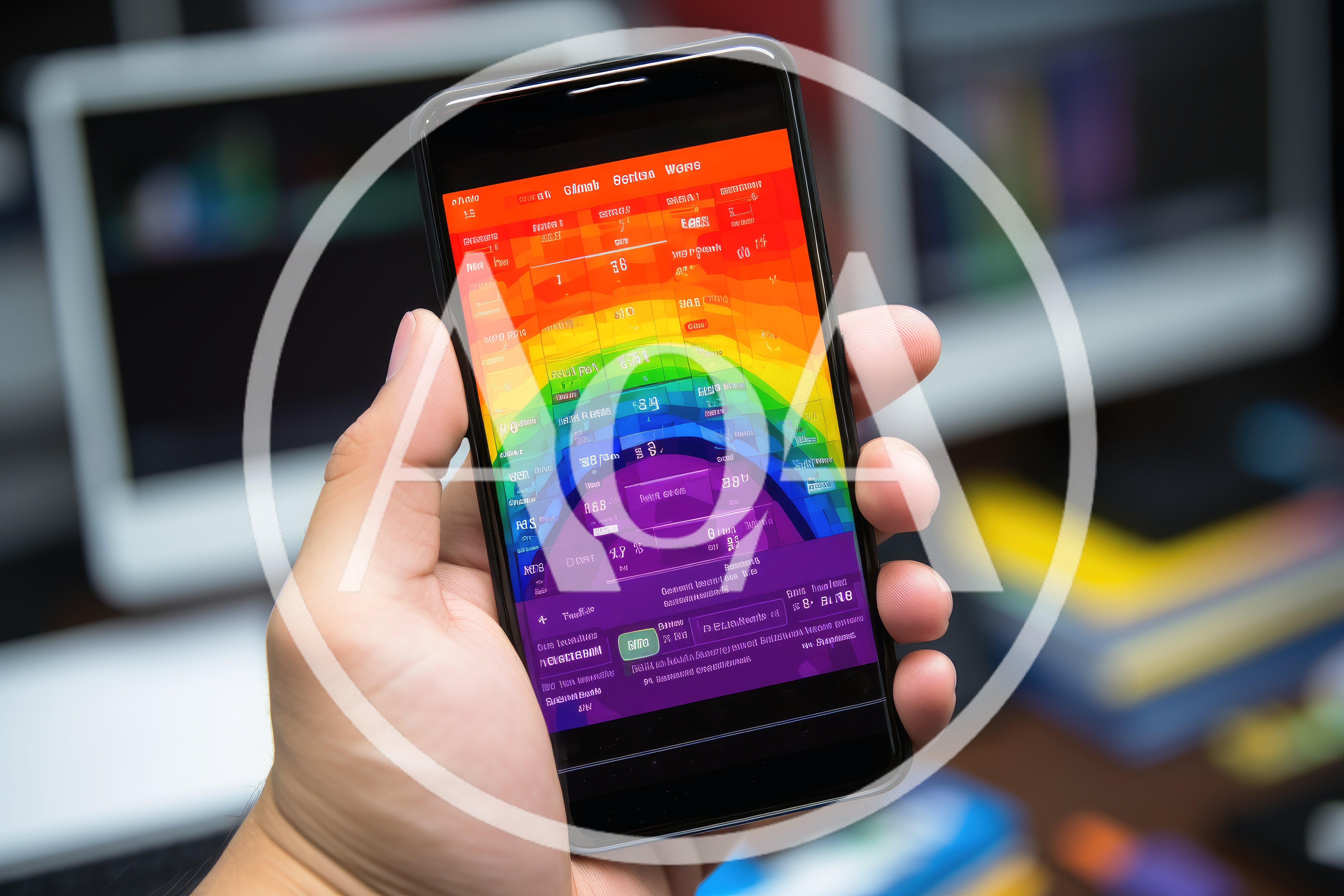 Hand Holding Smartphone With Colorful Abstract Data Interface