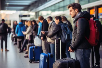 Travelers Waiting In Line At An Airport Terminal