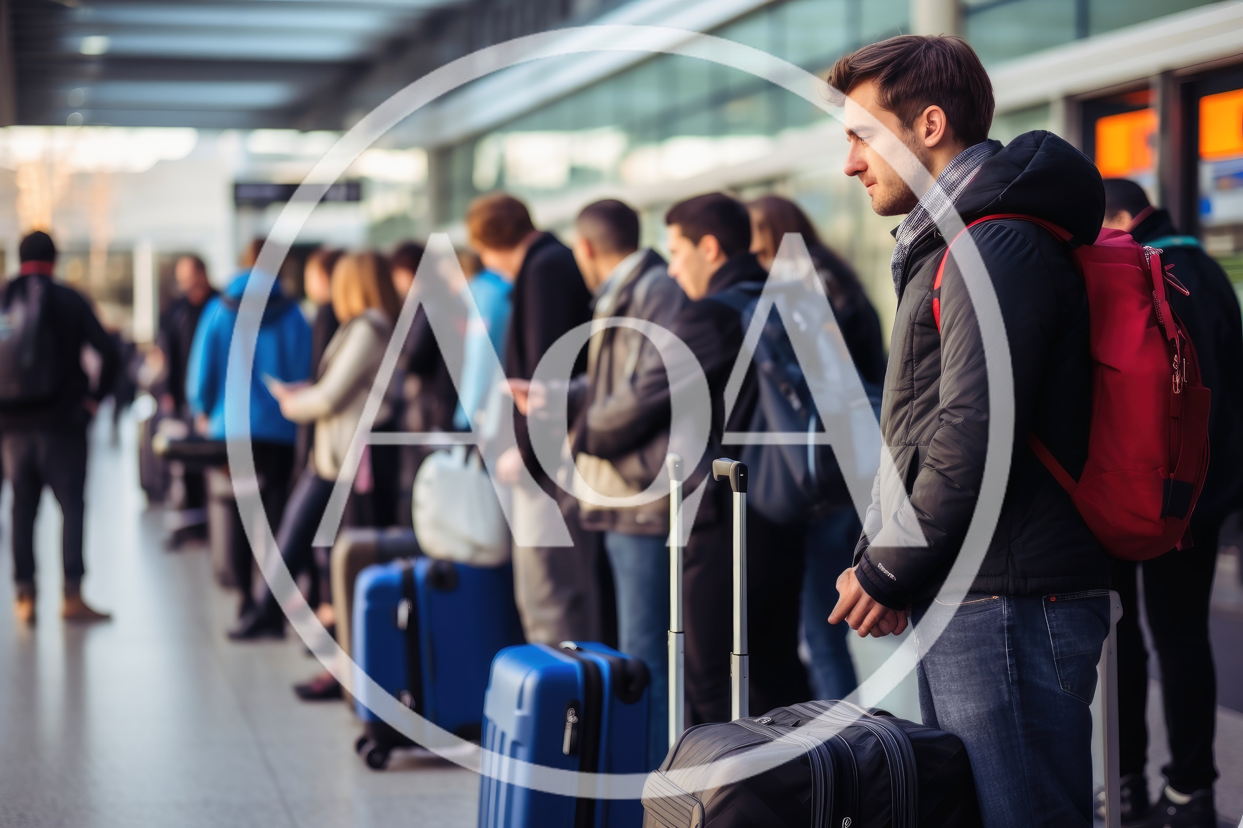 Travelers Waiting In Line At An Airport Terminal