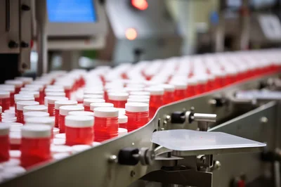 Pharmaceutical Bottles Moving Along An Automated Conveyor Belt