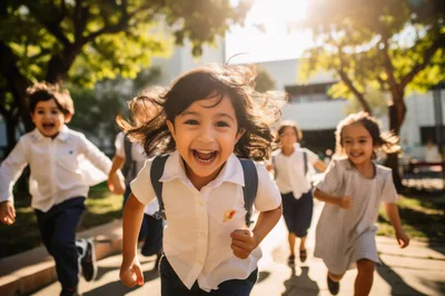 Happy School Children Running Outdoors During Recess