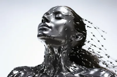 Woman Covered In Liquid Metallic Silver Paint