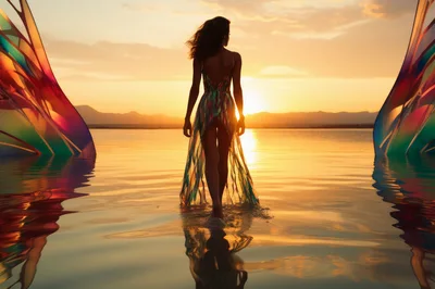 Woman Walking Through Shallow Water At Sunset