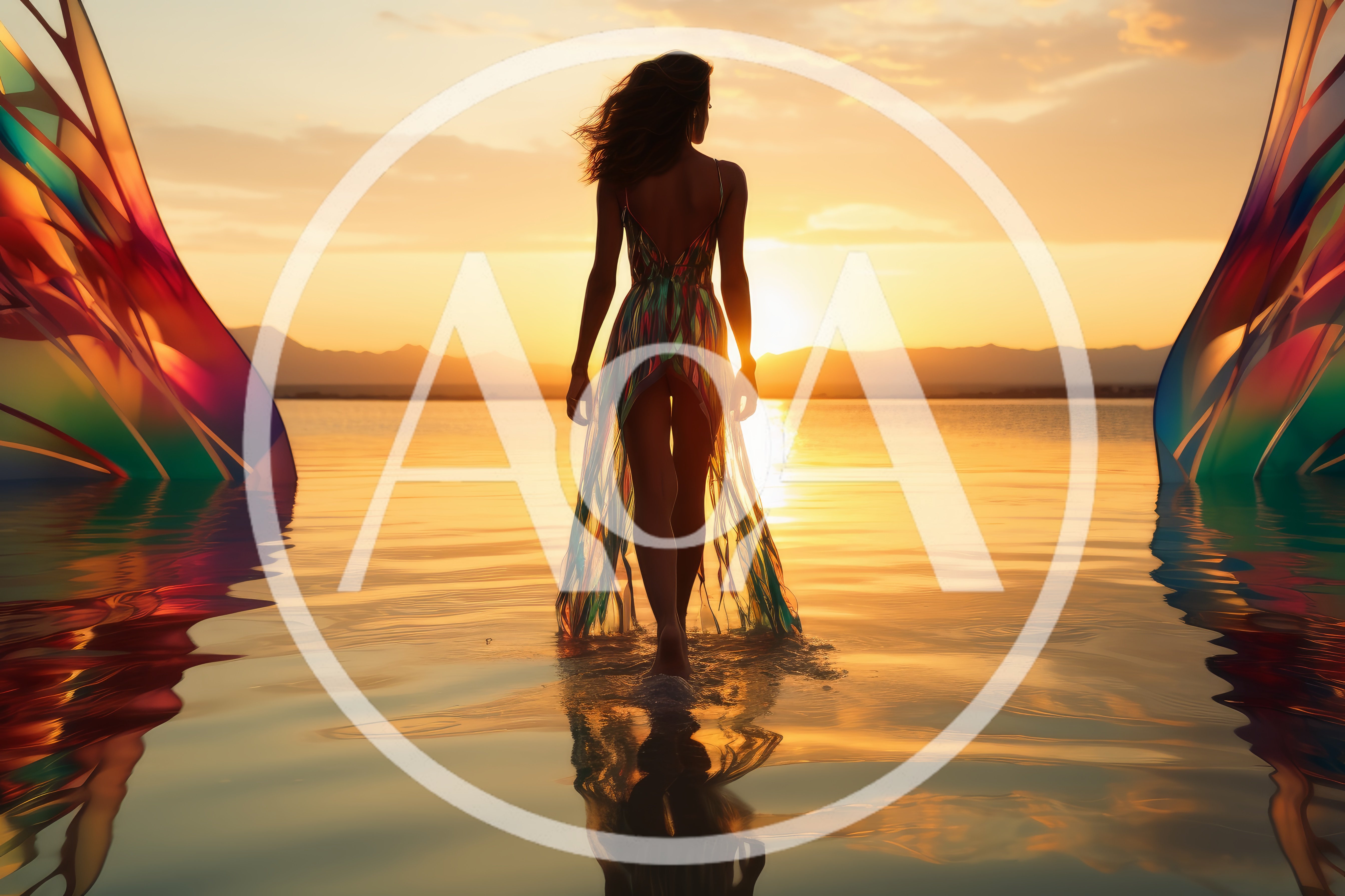 Woman Walking Through Shallow Water At Sunset