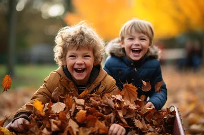 Two Happy Boys Playing In Autumn Leaves