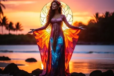 Ethereal Woman With Stained Glass Wings At Sunset