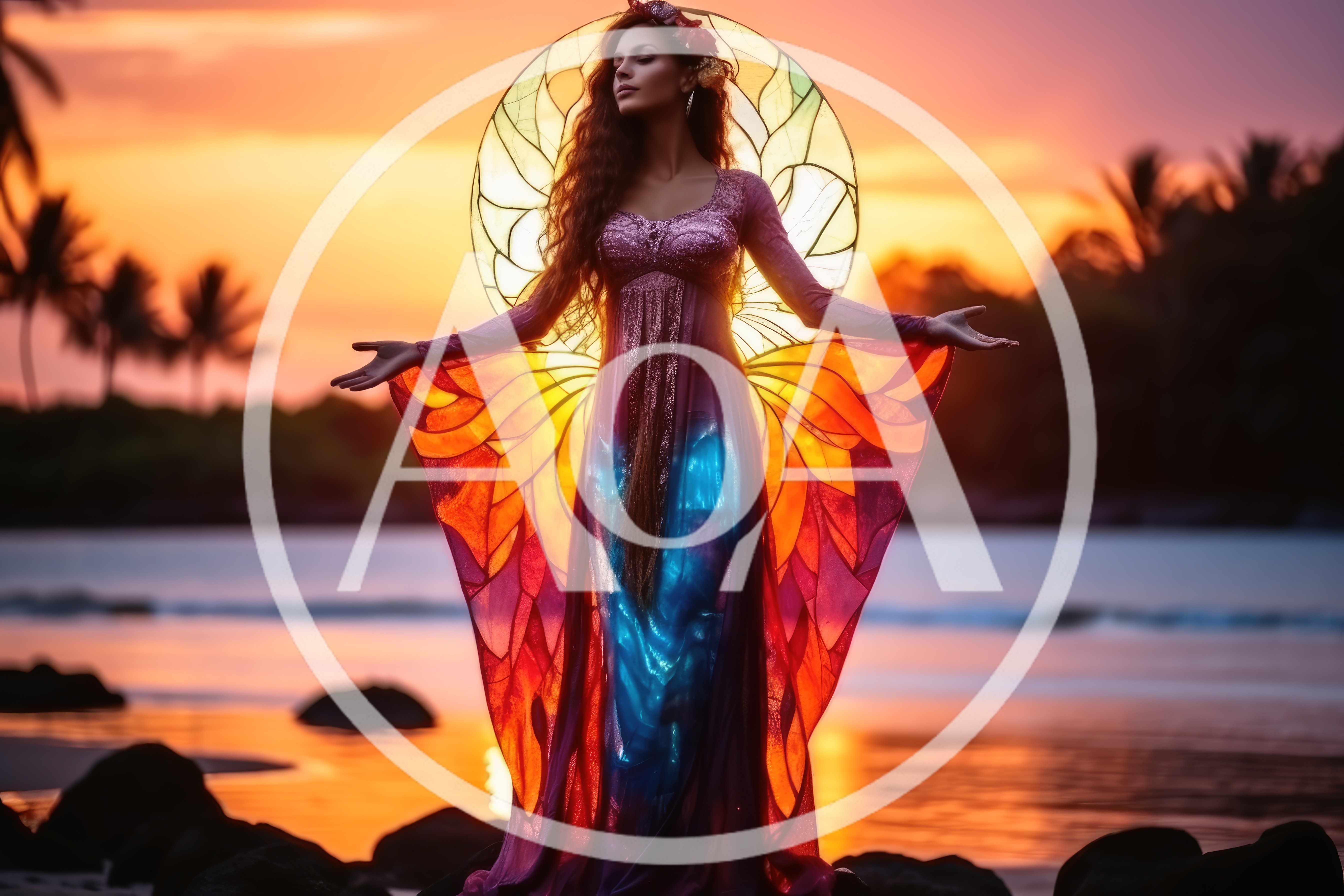 Ethereal Woman With Stained Glass Wings At Sunset