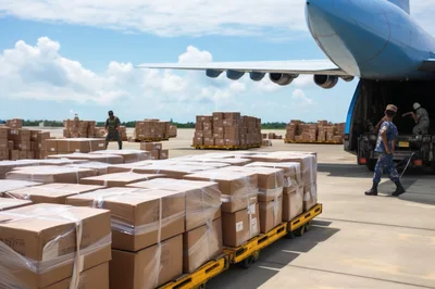 Military Personnel Loading Cargo onto Transport Aircraft