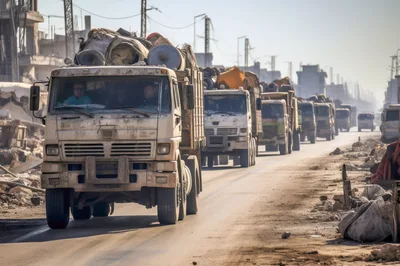 Convoy Of Loaded Trucks Driving On Dusty Road