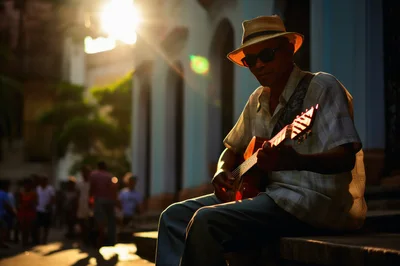 Elderly Street Musician Playing Acoustic Guitar In Sunlight