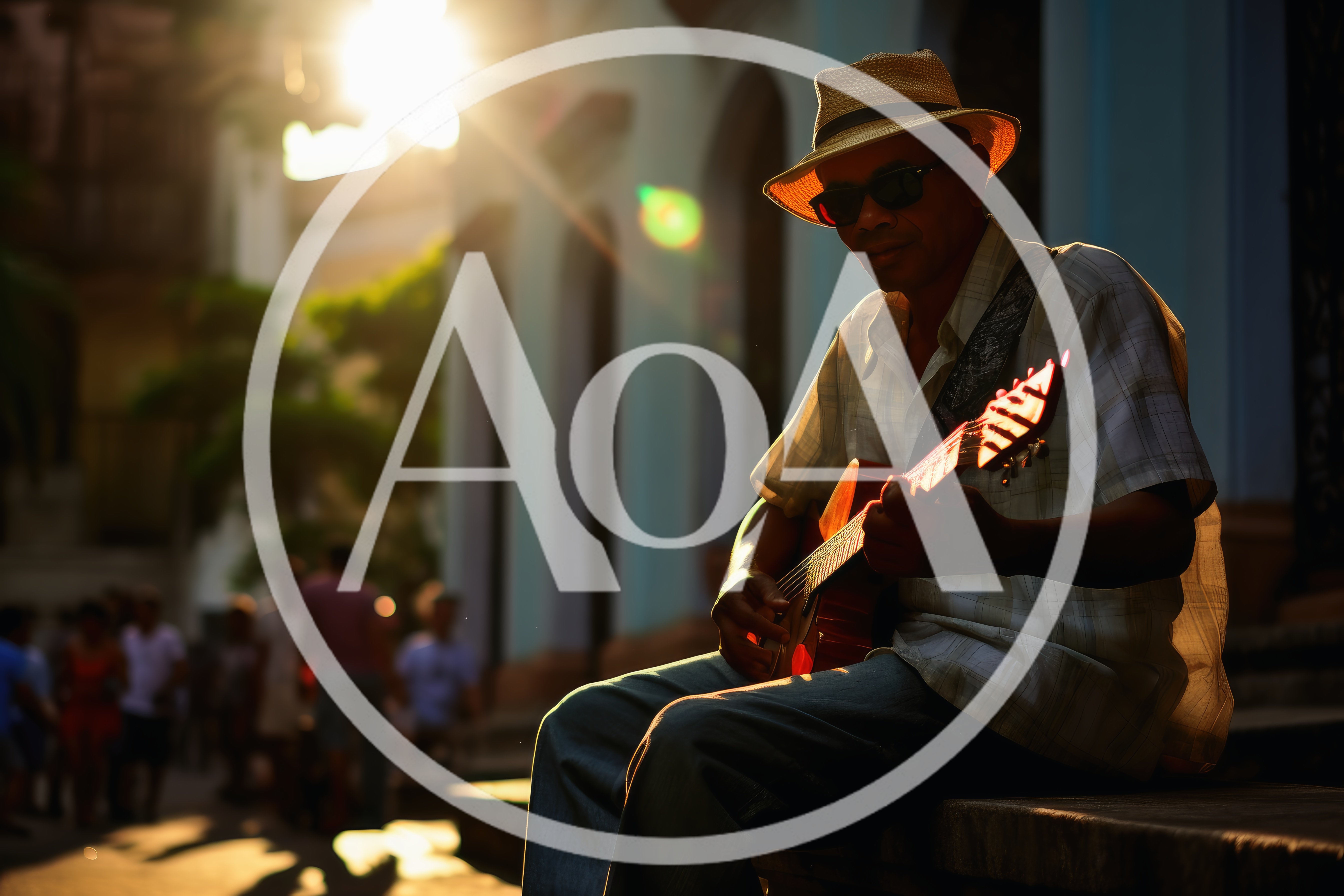 Elderly Street Musician Playing Acoustic Guitar In Sunlight