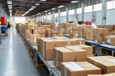 Cardboard Boxes Moving Along Industrial Warehouse Conveyor Belt