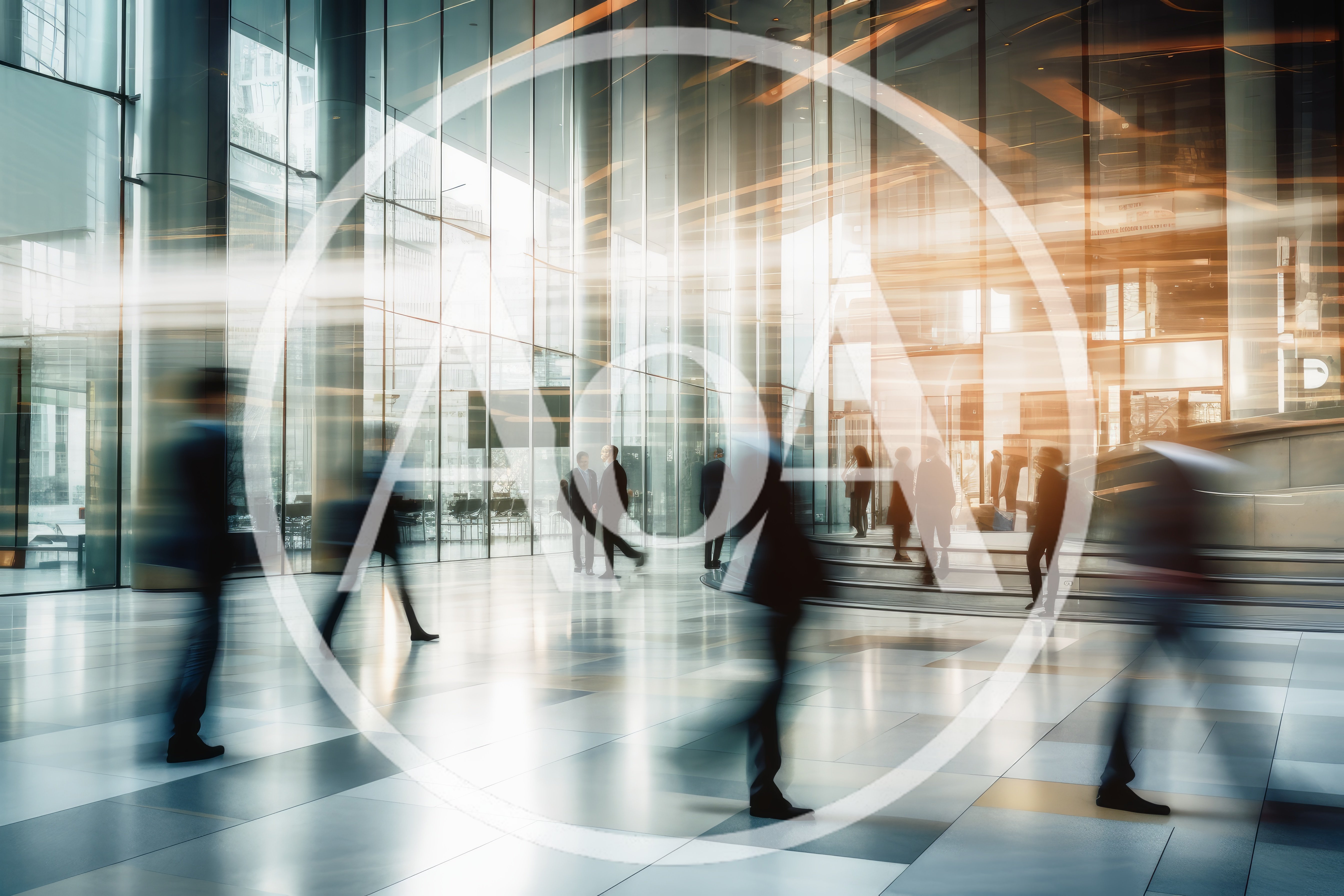 Business Professionals Walking Through Modern Glass Office Lobby