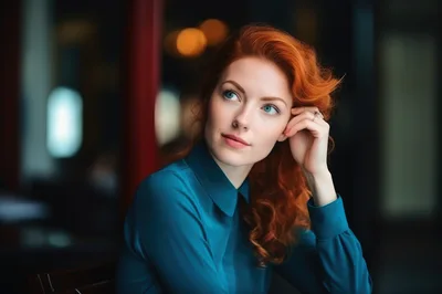 Thoughtful Redheaded Woman Sitting In A Dimly Lit Cafe