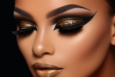 Close Up Portrait Of Woman With Glamorous Gold Makeup