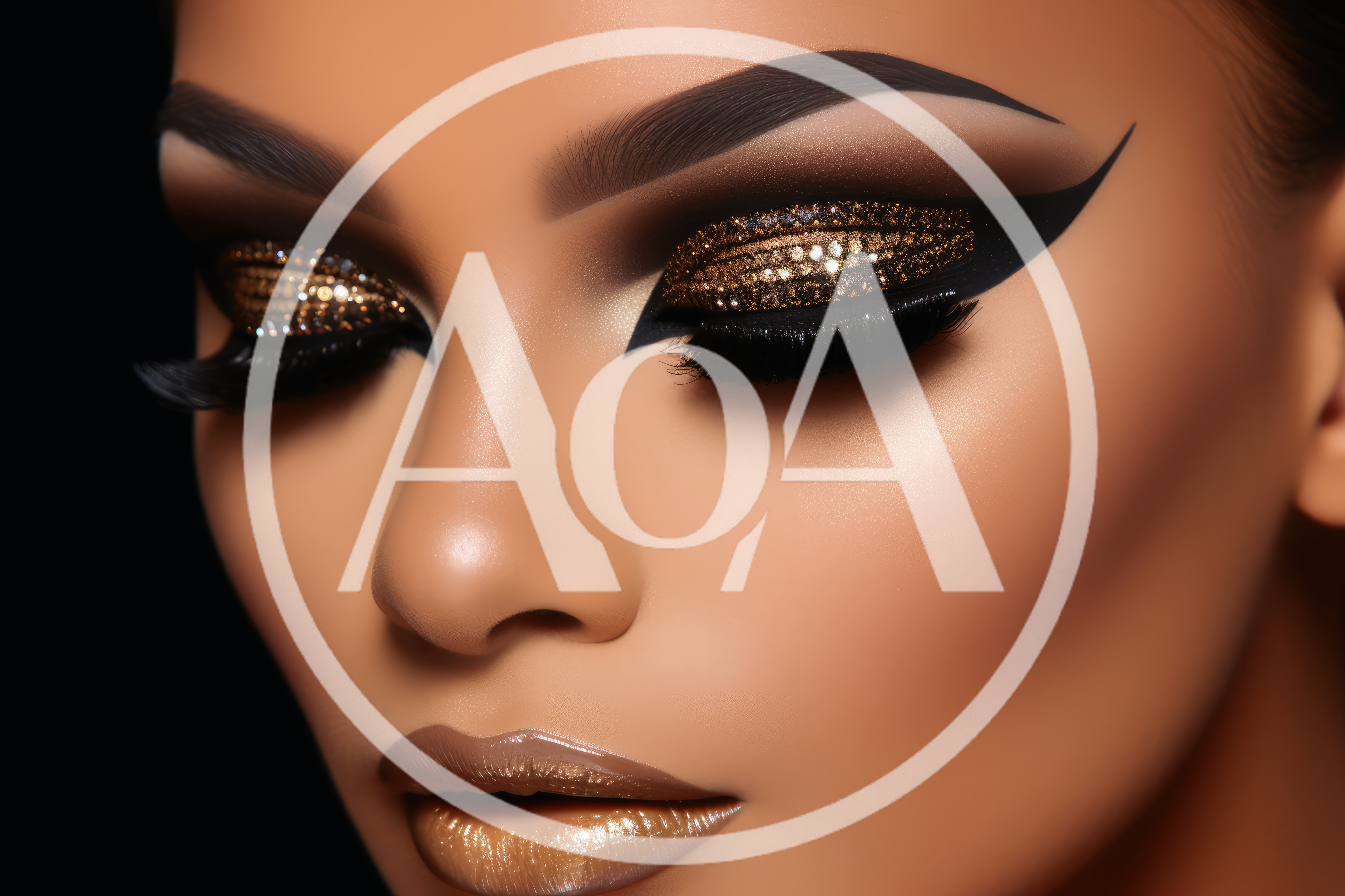 Close Up Portrait Of Woman With Glamorous Gold Makeup