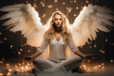 Blonde Angel Meditating In A Candlelit Room
