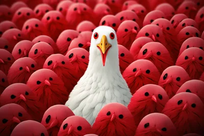 White Bird Standing Out Among Red Birds