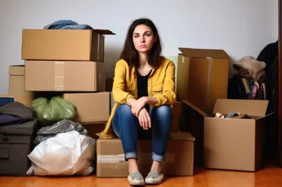 Young Woman Sitting On Moving Boxes In Empty Apartment