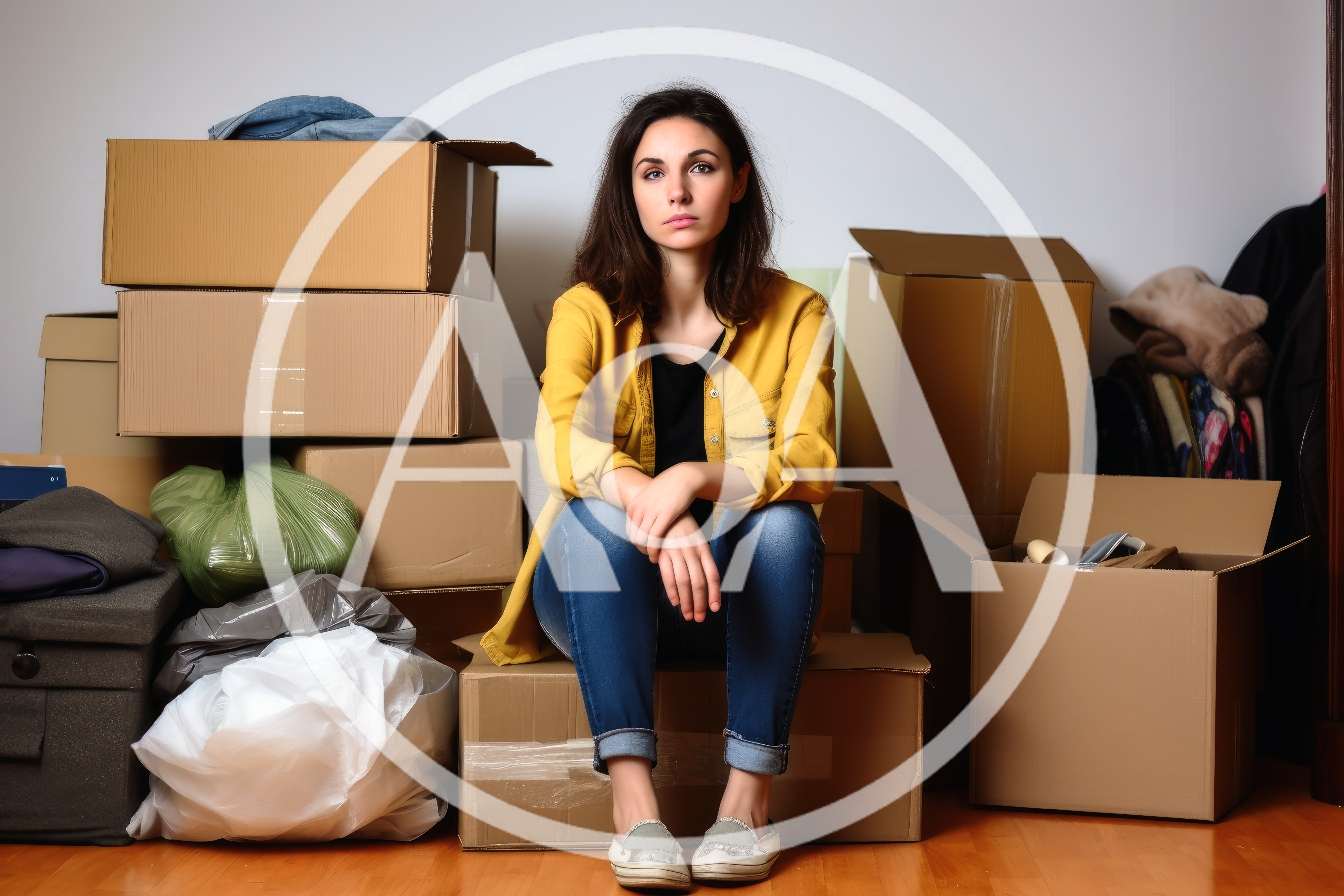 Young Woman Sitting On Moving Boxes In Empty Apartment