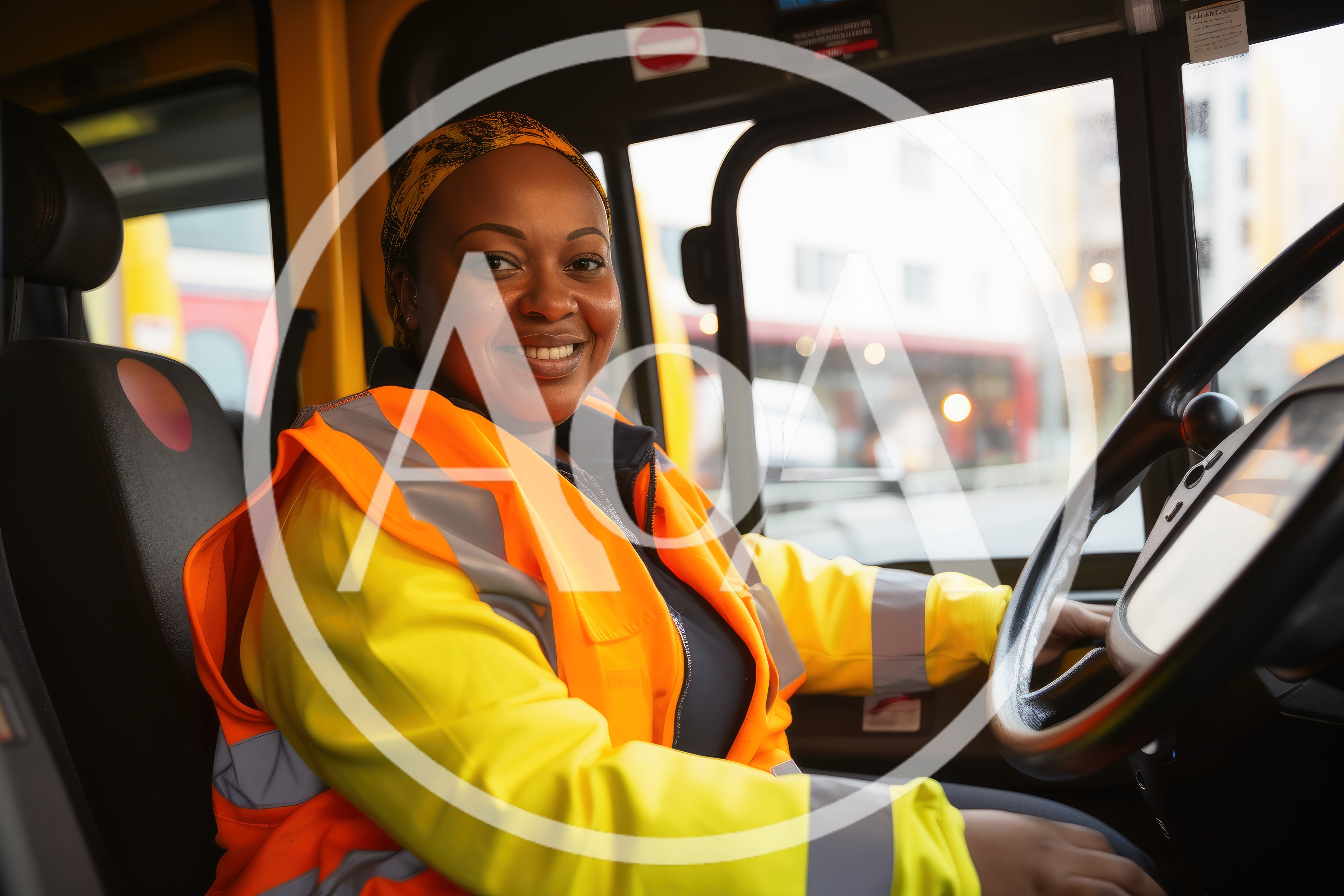 Female Bus Driver Smiling In Driver Seat