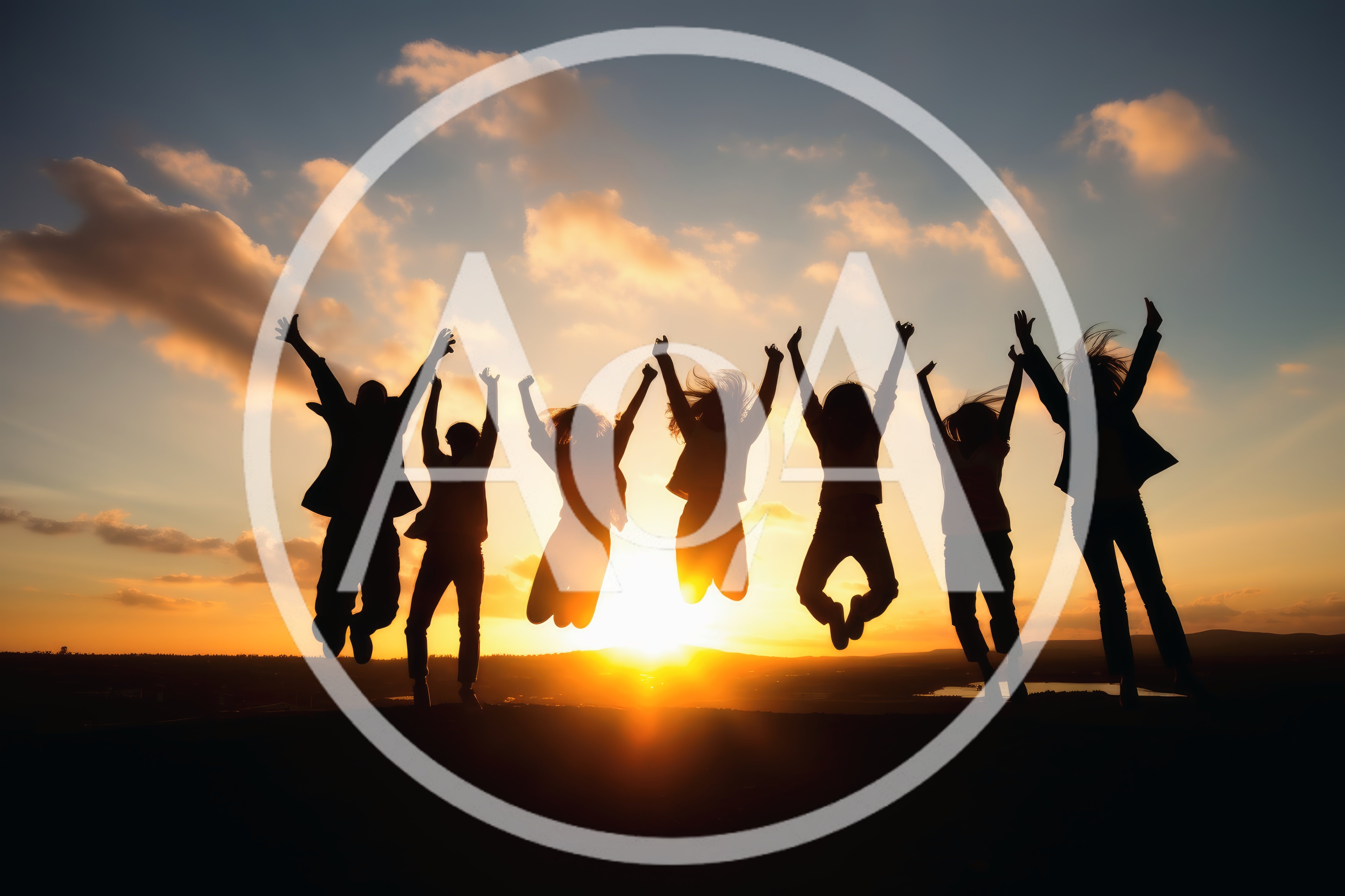 Group Of Friends Jumping In Silhouette At Sunset