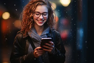 Young Woman Using Smartphone During Snowy Evening