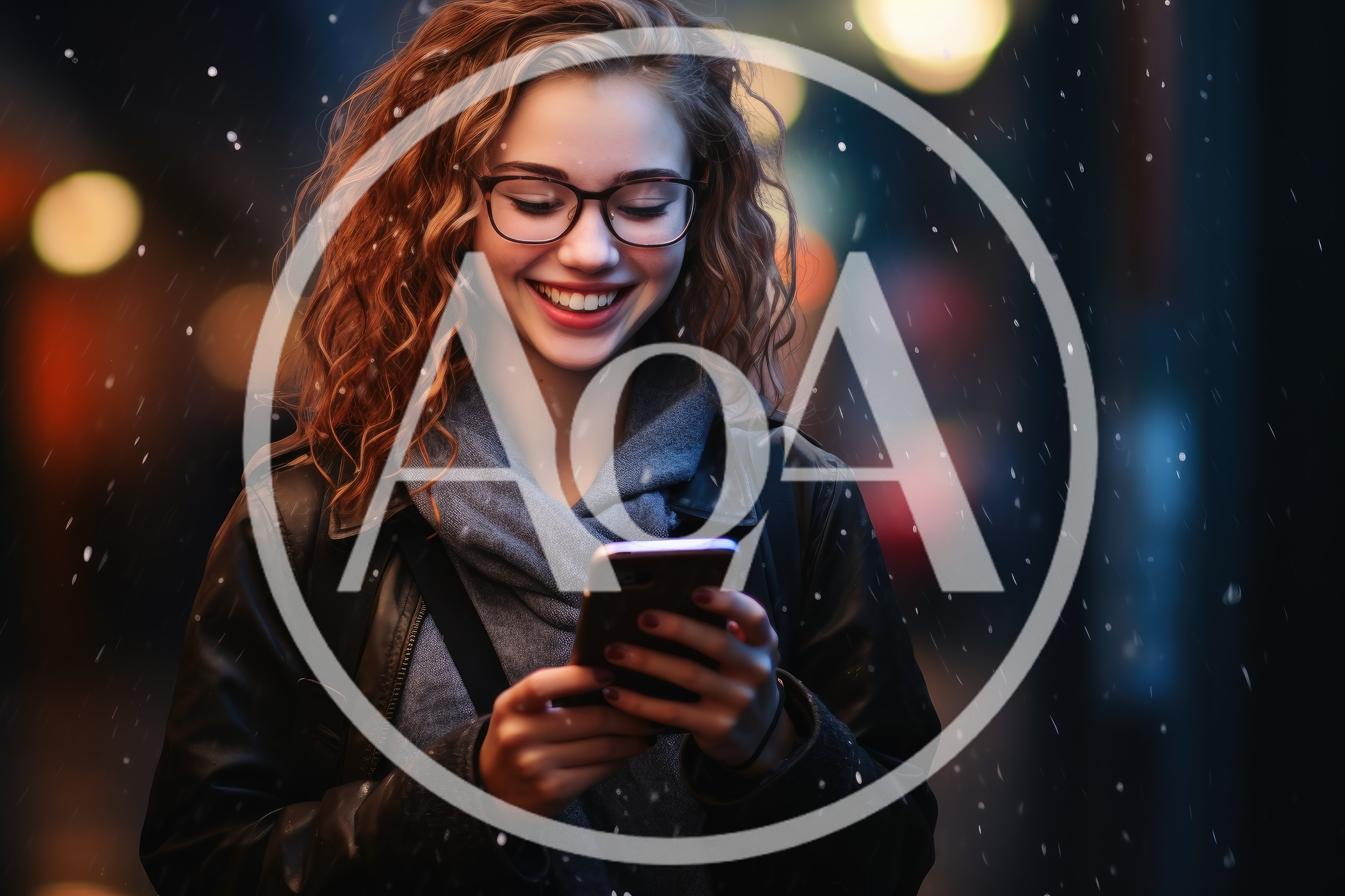 Young Woman Using Smartphone During Snowy Evening