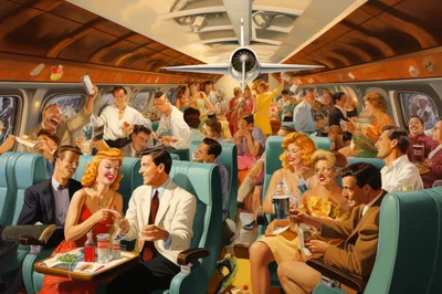 Vintage Style Airplane Cabin Party Scene