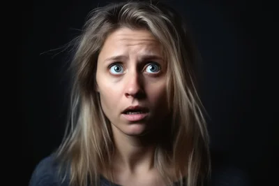 Close Up Portrait Of A Woman With A Frightened Expression
