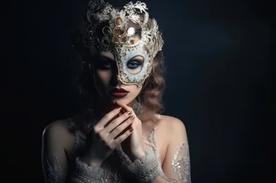 Elegant Woman Wearing Ornate Venetian Masquerade Mask