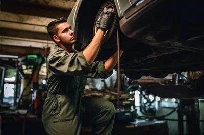 Young Mechanic Inspecting Car Wheel In Auto Repair Shop