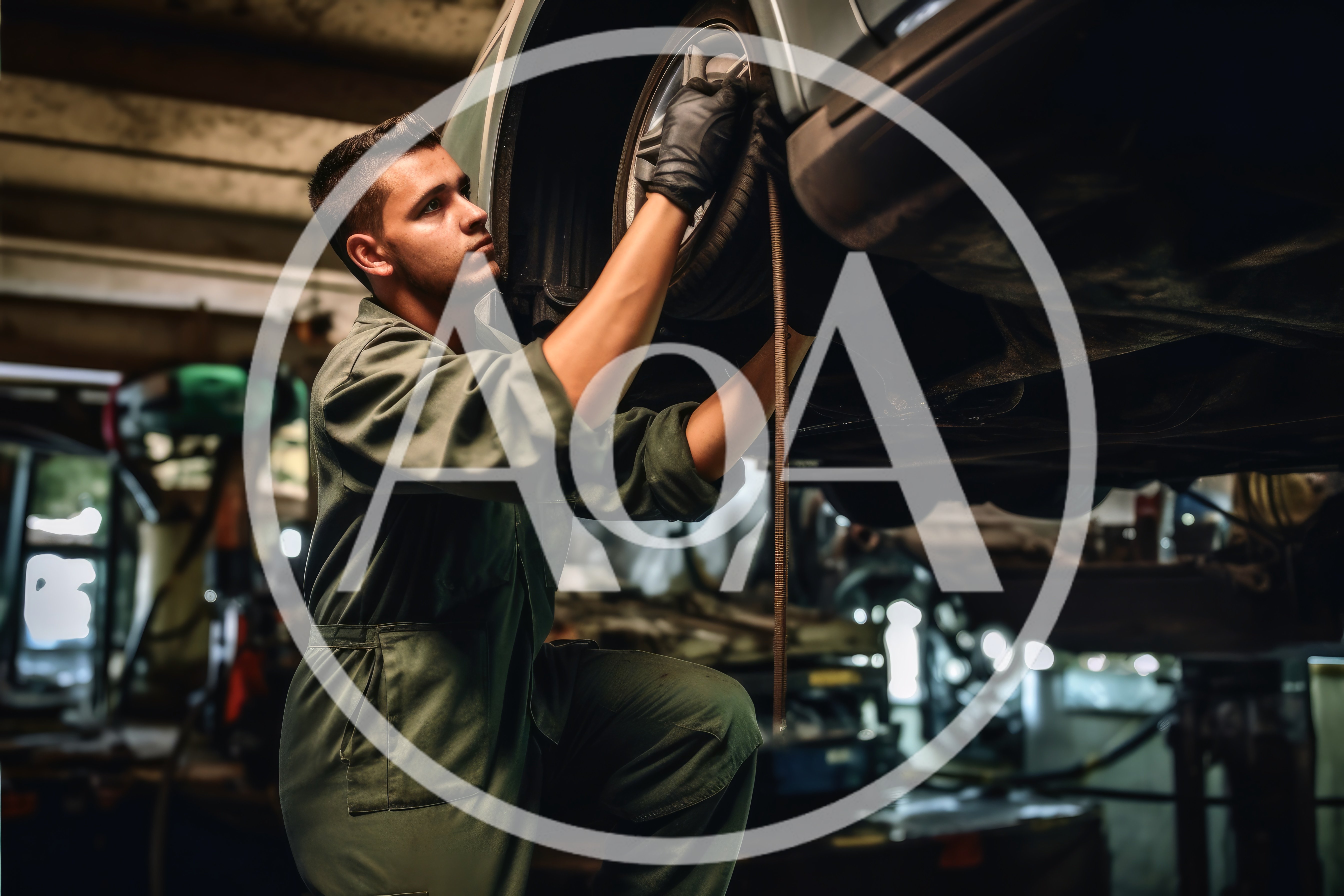 Young Mechanic Inspecting Car Wheel In Auto Repair Shop