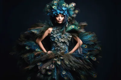 Fashion Model Wearing Elaborate Peacock Feather Costume