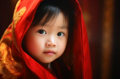 Portrait Of A Young East Asian Child In Traditional Red Clothing