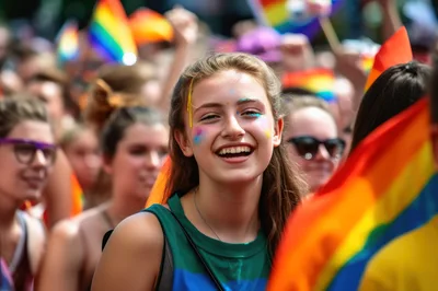 Young Woman Smiling at Pride Parade Celebration