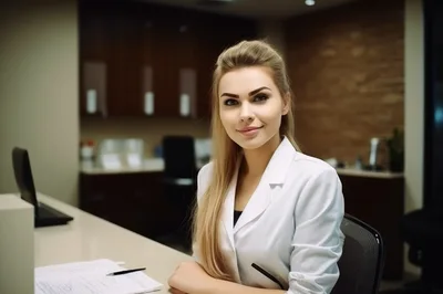 Professional Female Doctor Sitting At Office Desk