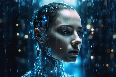 Cyborg Woman With Glowing Neural Network Headpiece