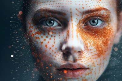 Close Up Portrait Of A Woman With Digital Freckles