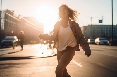 Happy Young Woman Running Joyfully Through City Street