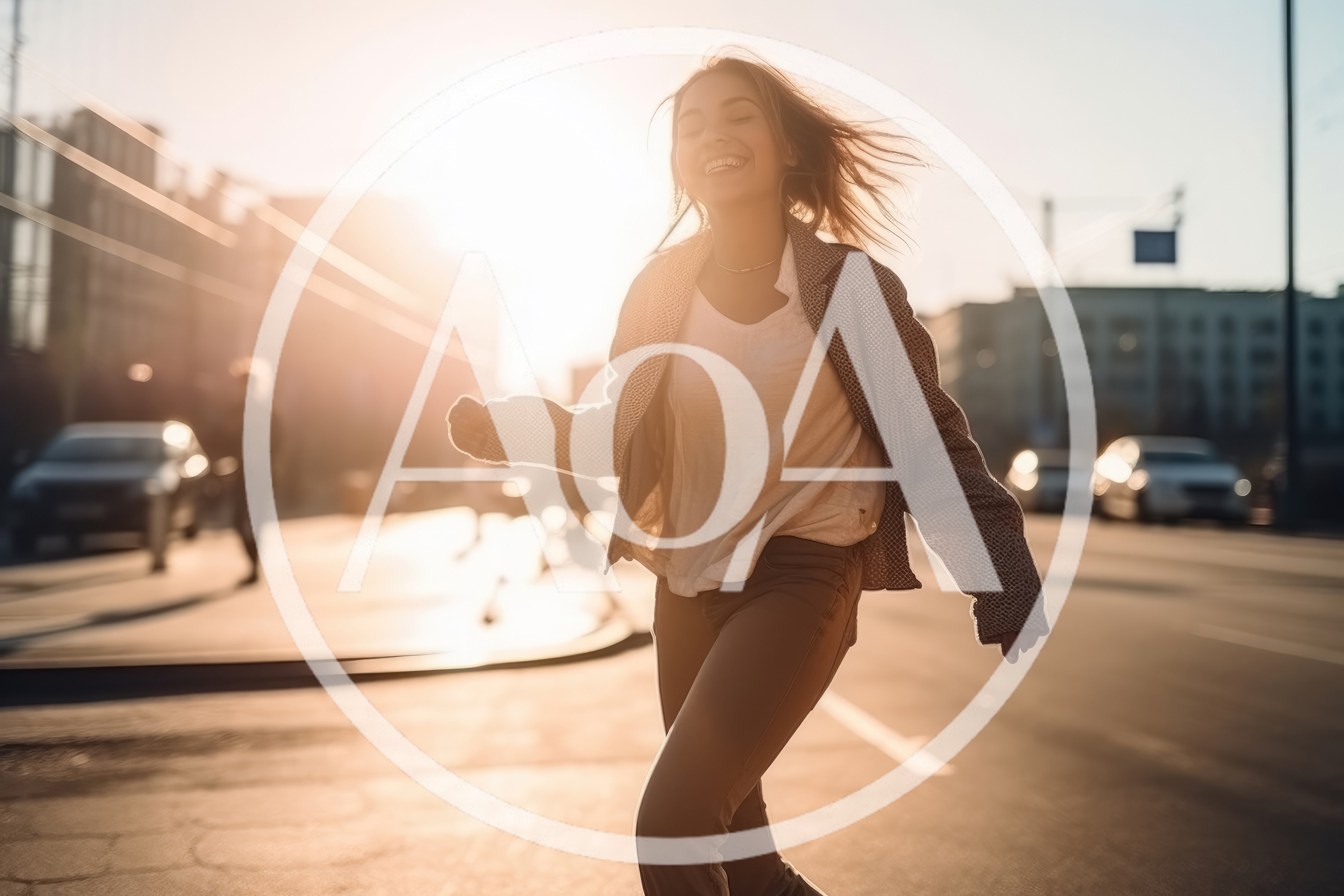Happy Young Woman Running Joyfully Through City Street