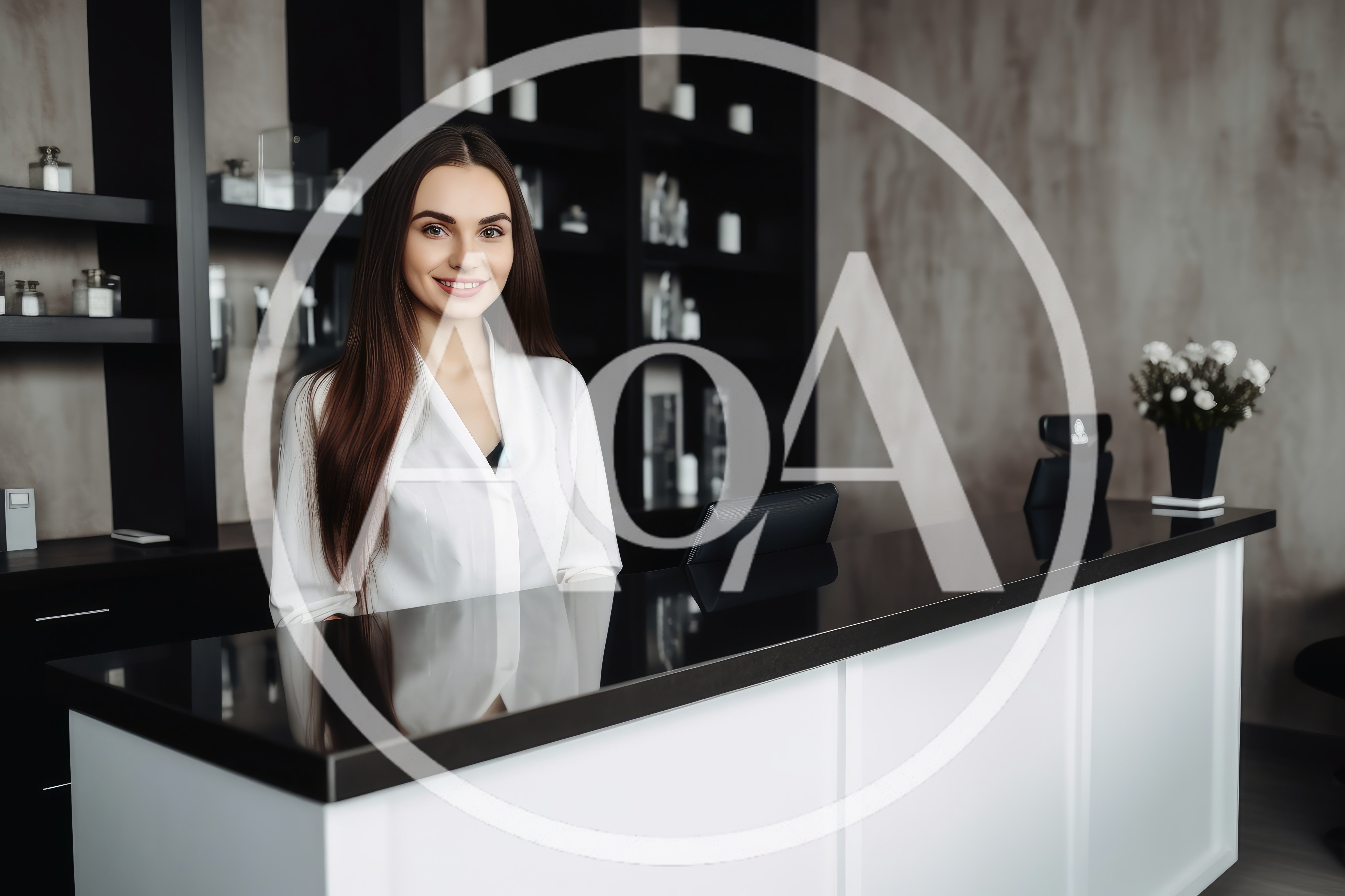 Professional Receptionist Standing Behind Modern Salon Desk