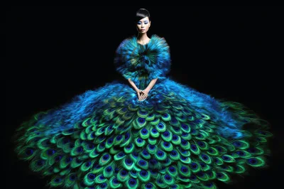 Model Wearing Elaborate Peacock Feather Couture Gown