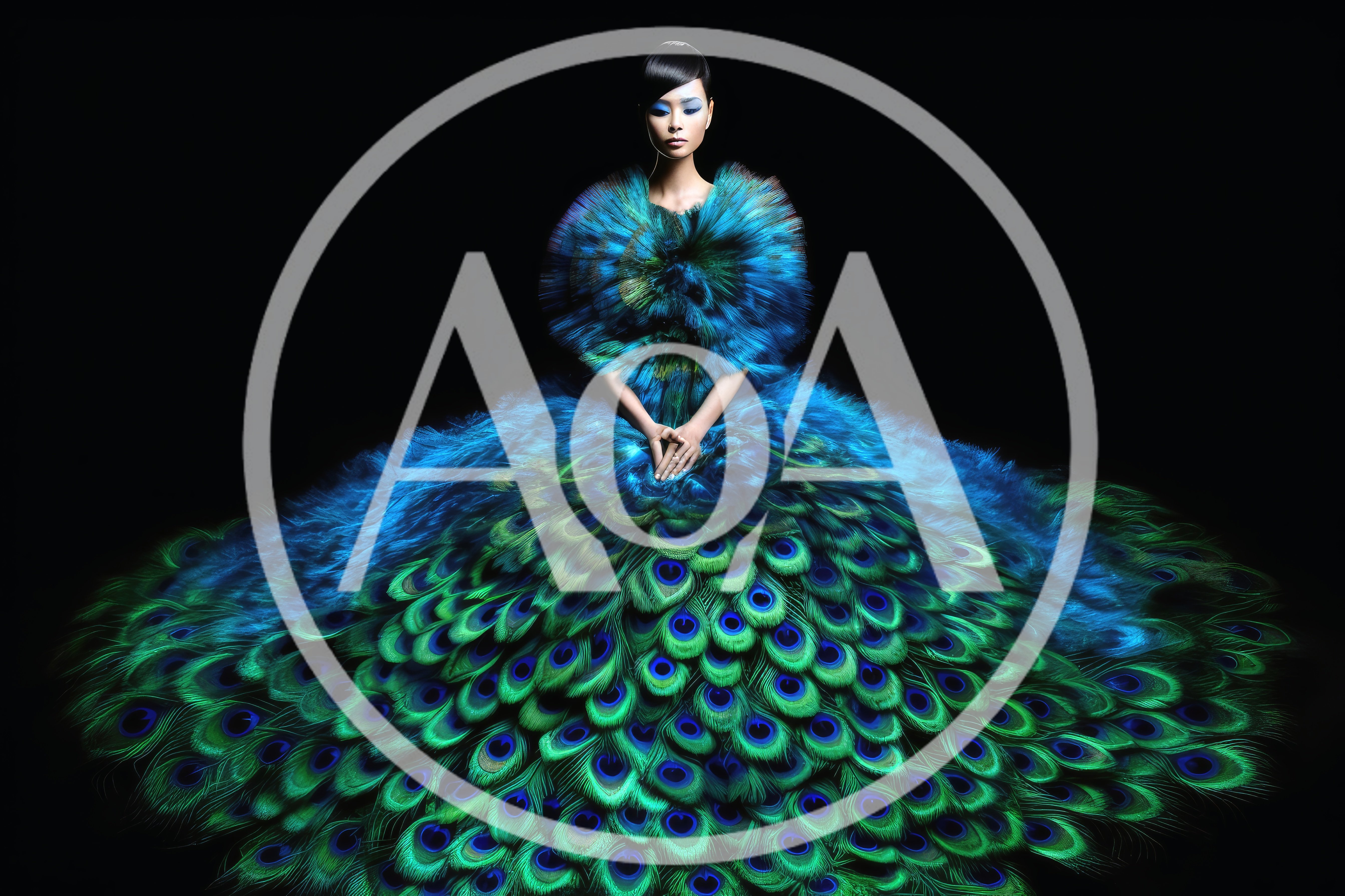 Model Wearing Elaborate Peacock Feather Couture Gown