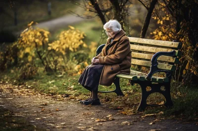 Elderly Woman Sitting Alone on a Park Bench