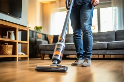 Person Cleaning Hardwood Floor With Cordless Stick Vacuum