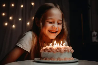 Young Girl Blowing Out Birthday Candles On Cake